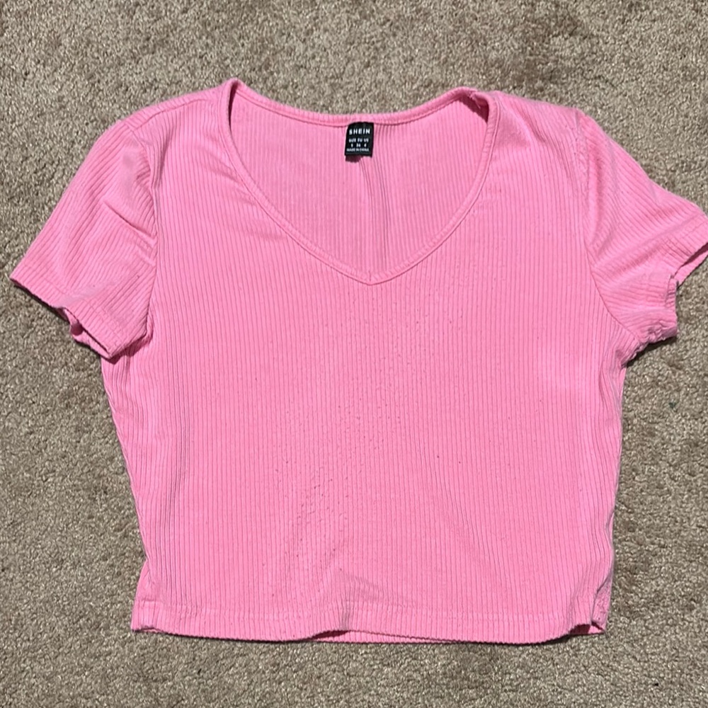 Pink Ribbed V-Neck Top